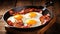 Start your day with the quintessential hearty breakfast: sizzling bacon and eggs in a pan, Ai Generated