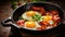 Start your day with the quintessential hearty breakfast: sizzling bacon and eggs in a pan, Ai Generated