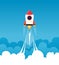 Startup background. Rocket in cloudy fluffy sky goes to the moon business concept of launch startup project vector