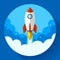 Startup illustration. Rocket in the clouds. Flat design style.