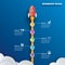 Startup infographics with 5 circle vertical data template. Vector illustration abstract rocket paper art on blue background. Can