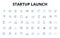 startup launch linear icons set. Momentum, Buzz, Launchpad, Catalyst, Ignition, Unveil, Debut vector symbols and line