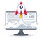 Startup rocket take off over computer monitor, space rocket flying start up internet business concept, online finance, marketplace