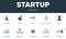 Startup set icons collection. Includes simple elements such as Pre-release, Launch, Intellectual property, Online donation and Key