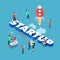 Startup spaceship launch flat 3d isometric big word concept vector