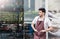 Startup successful small business owner man standing with arms crossed in his coffee shop or restaurant.