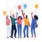 Startup Team Celebrating Milestone: Flat Digital Illustration with Confetti, Balloons, High-Fives