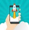 Startup vector concept, flat cartoon quick rocket or rocketship launch and mobile phone or smartphone, successful