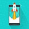 Startup vector concept, flat cartoon rocket or rocketship launch, mobile phone or smartphone, idea of successful