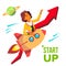 Startup Vector. Rocket Soars Up On Background Of Red Arrow Growthing Up. Business Woman Enjoying Good Start