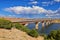 Starvation State Park Reservoir Late Summer early Fall panorama of lake around bridge with rain clouds near Duchesne on US Highway