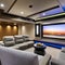 A state-of-the-art home theater with plush reclining seats, a large projection screen, and surround sound speakers1, Generative