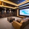 A state-of-the-art home theater with reclining leather seats, a large projection screen, and surround sound system3, Generative