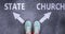 State and church as different choices in life - pictured as words State, church on a road to symbolize making decision and picking