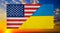 State flags of the USA and Ukraine against the background of a burning sky close-up. Flags.
