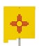 State of New Mexico road sign in the shape of the state map with the flag