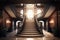 stately grand staircase in empty luxury hotel, leading to the upper floors