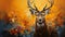 static shot of a Red deer stag with one strange antler against a background of trees