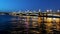 Static view of night St. Petersburg steel bridge, drawbridge. Media. Neva river scenic backlight reflection. Road
