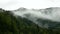 Static wide shot of fog and mist between overgrown mountains in nature