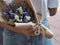 Statice, Sea lavender, marsh rosemary, white and purple color a bouquet of flowers in a woman hand