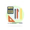 Stationary, Book, Calculator, Pen Abstract Circle Background Flat color Icon