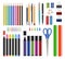Stationary collection. Pen pencils sharpen rubber school education tools or office supply items vector realistic