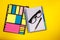 Stationary concept. Pen, glasses sticky note. Office supplies