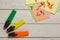 Stationary, Pushpins on Stickers, Colorful Markers, Highlighters on White Wooden Background. Business Planning Concept.