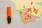 Stationary, Pushpins on Stickers, Orange Highlighter on White Wooden Background. Business Planning Strategy Concept.