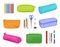 Stationery cases. School pens brushes in colored pencil cases for education decent vector realistic pictures set