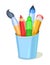 Stationery in a glass. Tools for creativity and drawing. Childrens funny cartoon style. Brushes and pencils. Isolated on