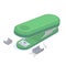 Stationery green stapler with staples for stapling paper documents isometric vector illustration