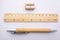 Stationery pencil ruler sharpener on paper