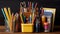 Stationery for school or office. Various writing instruments. horizontal image