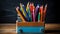 Stationery for school or office. Various writing instruments. horizontal image
