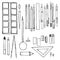 Stationery set. Pens, pencils, paints, compasses. Vector sketch illustration