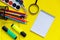 Stationery for students, students on a yellow background. Ready for school