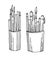 Stationery tools set. Felt-tip pencils and brushes. For creativity and work. Outline sketch. Hand drawing is isolated on