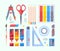 Stationery tools for study and work set. Accessories drawing painting pencils coloring plasticine box markers blue red