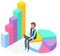 Statistical business report in form of pie and bar charts. Businessman analyzes statistics