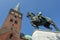 Statue and 13th century Cathedral at Aarhus in Denmark