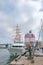 Statue and boats at the harbor in Gothenburg, Sweden