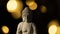 Statue of the Buddha of Serenity, on a black background surrounded by luminous circles