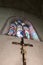 Statue of christ on cross in old church of french town guillestre in haute provence