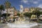 Statue of Christopher Columbus in town center and fountain in Santa Margarita, the Italian Riviera, Italy, Europe