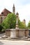 Statue, church and tower in Rothenburg ob der Tauber, Germany