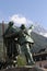 Statue of climbers Horace-Benedict de Saussure and Jacques Balmat R pointing to Mont Blanc in Chamonix, French Alps, France