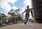 A statue commemorates AFL footballer Malcolm Blight. The statue shows Blight launching a long kick at in front of Adelaide Oval.