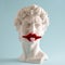 Statue of  David  head  with  with red lips and protruding tongue on  blue background. Minimal art poster